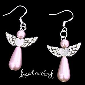 Hand Crafted Drop Earrings 3-D Articulating Angel Pink Pearl Silver Plate Wires
